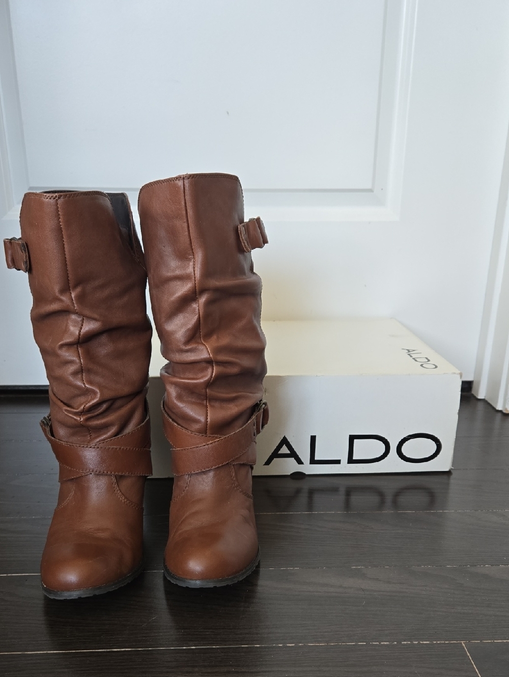 ALDO McNeff Brown Slouch Mid-Calf Heeled Boots with Strap Detail